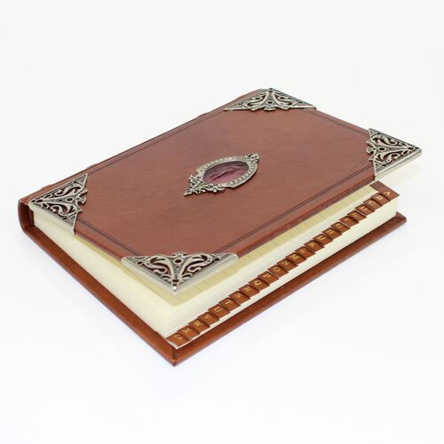 Hardcover Leather Address Book with Violet Cameo Glass, Medium